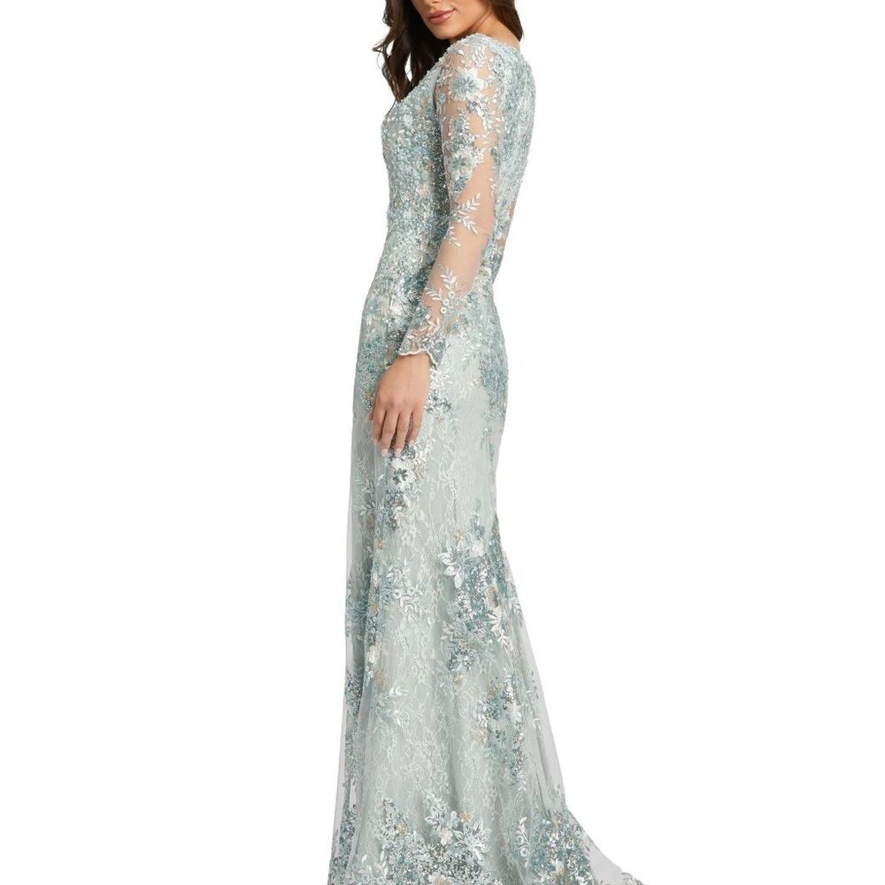 NWT MAC DUGGAL EMBELLISHED V NECK ILLUSION LONG SLEEVE GOWN 67539 SEA MIST - Picture 6 of 11